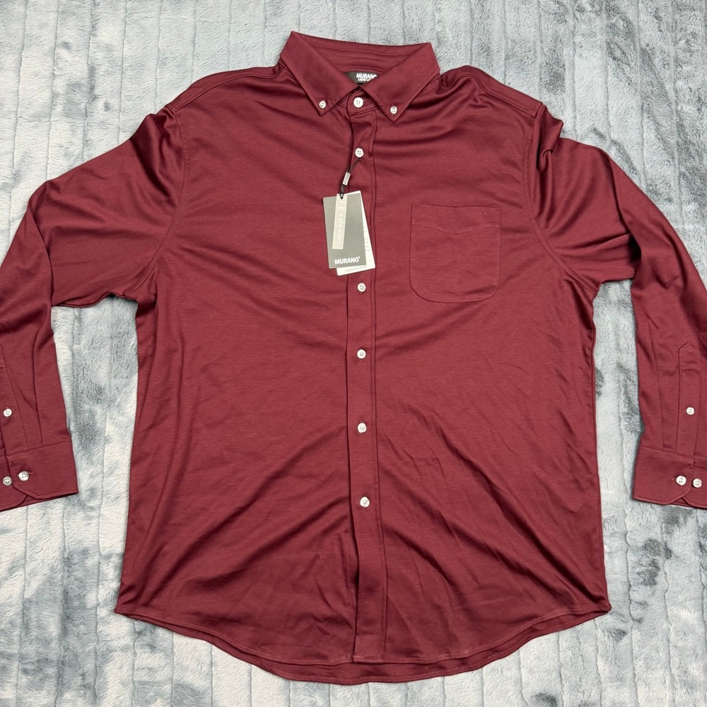 Murano Liquid Luxury Mens XL Burgundy Cotton Hybrid Long Sleeve Button Down